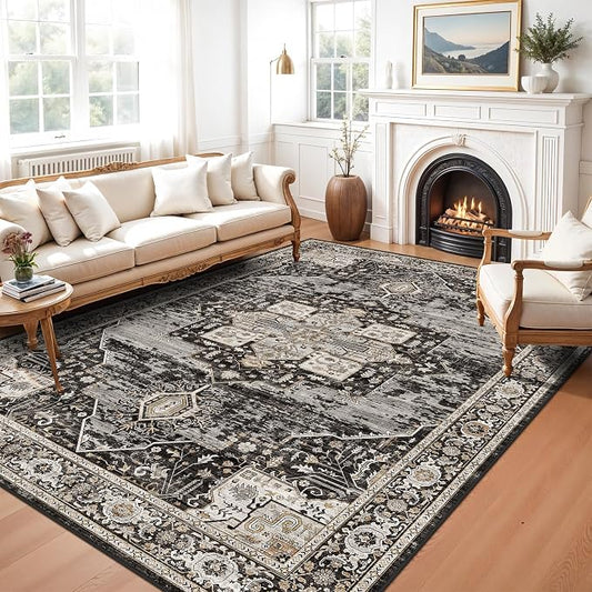 RUUGME Washable 6x8 Oriental Area Rug - Soft Stain Resistant Rugs for Living Room Bedroom Non Slip Low Pile Carpets for Dining Room Non-Shedding Home Decor Mat for Bathroom Study Room 6x8 Black