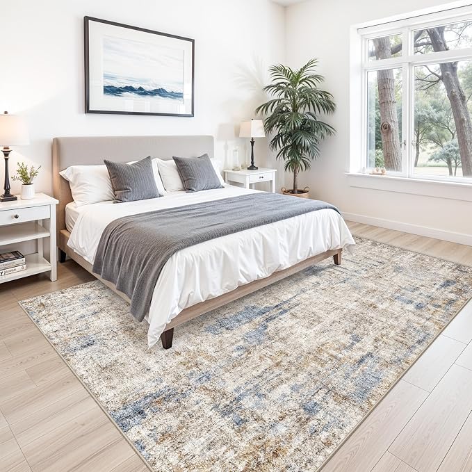 Washable 8x10 Area Rug – Modern Neutral Abstract Soft Non-Slip Stain-Resistant Low Pile Thin Carpet for Living Room Bedroom Dining Room Under Table Home Office(Blue Brown)