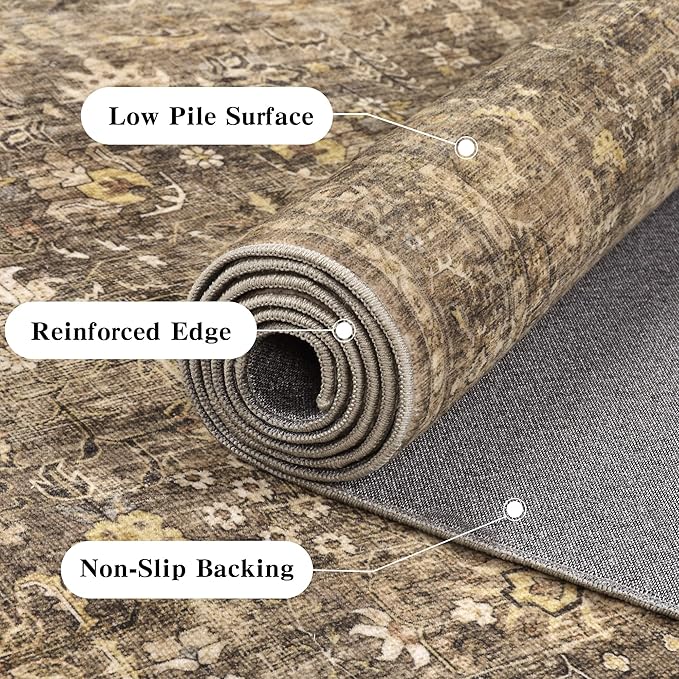 9x12 Brown Washable Area Rugs for Living Room Non Slip Low Pile Vintage Boho Throw Rug Soft Retro Distressed Floral Large Carpet Indoor Farmhouse Decor for Bedroom Dining Room Office Kitchen Playroom