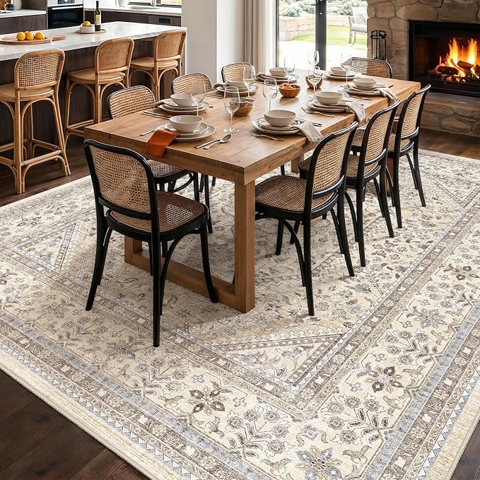 Puino 11x11 Square Area Rug - Washable Oriental Large Rugs for Living Room Soft Non-Slip Backing Indoor Carpet for Bedroom Low Pile Stain Resistant Floor Mat for Dinning Room Home Decor Beige/Gray