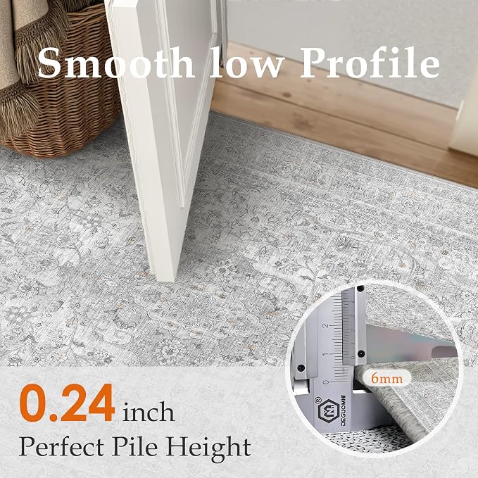 PureCozy Gray Area Rug 5x7 for Living Room Washable Vintage Carpet Low Pile Non Slip Distressed Soft Traditional Retro Oriental Grey Accent Throw Rug Office Kitchen Bedroom Bathroom Dining Room