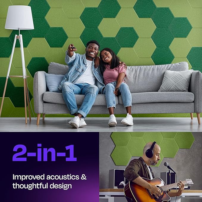Acoustic Panels 12-Pack - 12"X10.4"X0.4" Soundproof Wall Panels - High Density Sound Dampening - Gin Green Hexagon