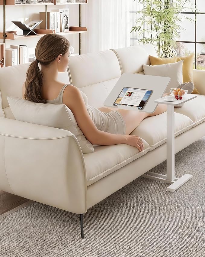 SANODESK 28''Overbed Table Gas Spring Lifting with Wheels&Tilting Desktop | Rolling Mobile Laptop Desk End Table,Portable Computer Workstation for Home Office,Sofa,Bedside,27.6" W x 15.7" D,White