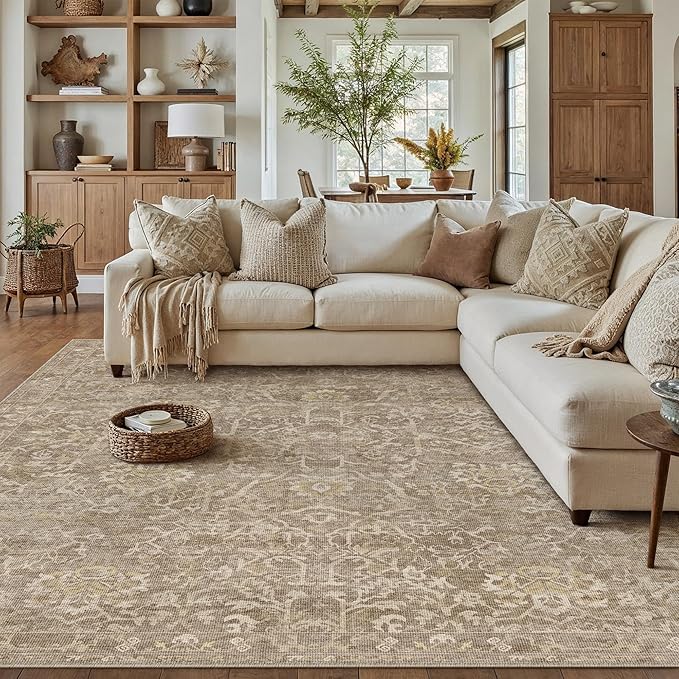 HUGEAR Area Rug 6x9 Light Brown Machine Washable Living Room Rugs Distressed Vintage Floral Vacuumable Low Pile Carpet Bedroom Office Dining Room Laundry Room Non Slip Soft Lightweight