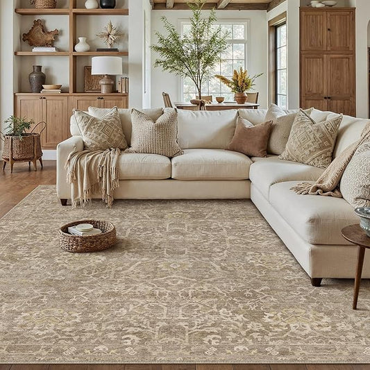 HUGEAR Area Rug 6x9 Light Brown Machine Washable Living Room Rugs Distressed Vintage Floral Vacuumable Low Pile Carpet Bedroom Office Dining Room Laundry Room Non Slip Soft Lightweight