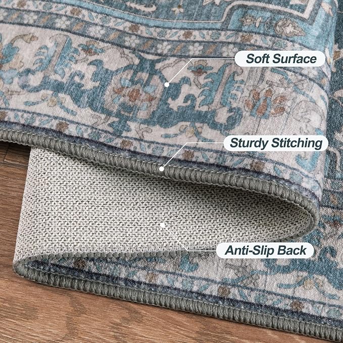 Tangsoo 2x6 Washable Runner Rug for Hallways, Non Slip Vintage Runner Rug, Soft Oriental Low Pile Long Rug Runner, Farmhouse Carpet Runners for Kitchen Bedroom Entryway Bathroom Living Room Blue Gray