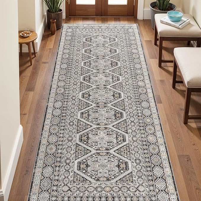 3x8 Runner Rug Kitchen Washable: Oriental Indoor Hallway Runners with Non Slip Backing Floor Mat for Entryway Door Low Pile Thin Carpet for Bedroom Bathroom Living Room Bedside Black