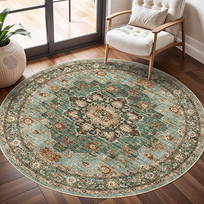 TOPRUUG Washable Oriental Area Rug - 6ft Round Rugs for Living Room Soft Carpet for Bedroom Waterproof Floral Distressed Indoor Stain Resistant Non-Shedding Floor Carpets (Green, 6ft-Round)