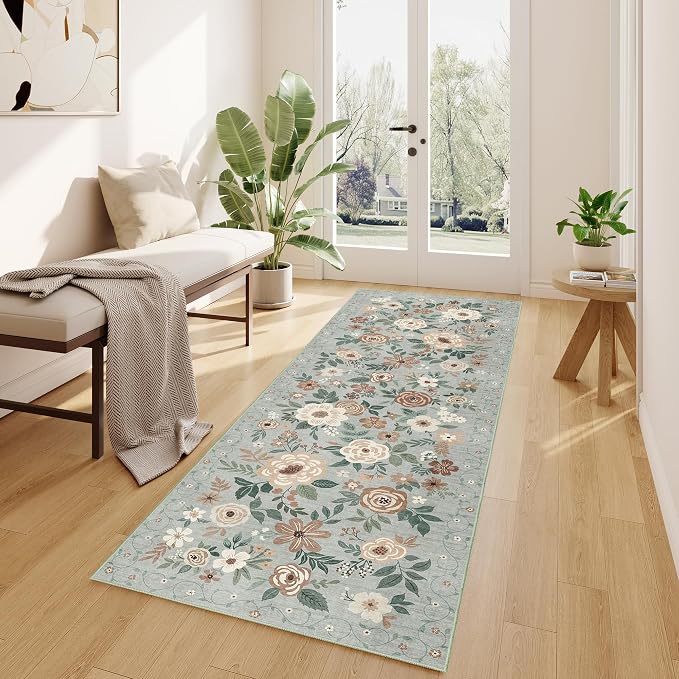 DUKINO Runner Rug, 2.6x8 Kitchen Rugs for Hallway with Non Slip Backing, Washable Low Pile Soft Boho Floral Runner Carpet for Hallway, Kitchen, Entryway, Laundry, Bedroom, Sage Green