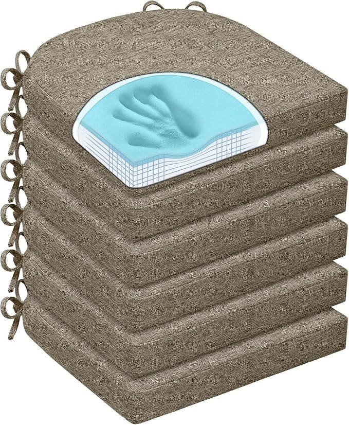 Chair Cushions for Dining Chairs, Non Slip Chair Pads with Ties and Washable Covers, Memory Foam Kitchen Chair Cushions Set of 6, 16"X16"X2.5", Khaki