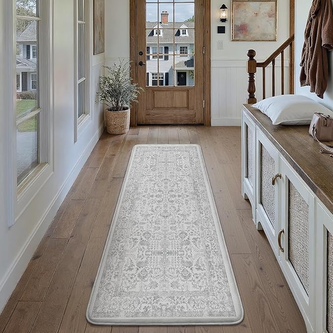 Kitchen Mats for Floor Anti Fatigue Cushioned Gray Vintage Kitchen Mats Waterproof Non Slip Comfort Standing Grey Retro Floral Runner Rug for Sink Laundry Office Bathroom 17.3"x59"