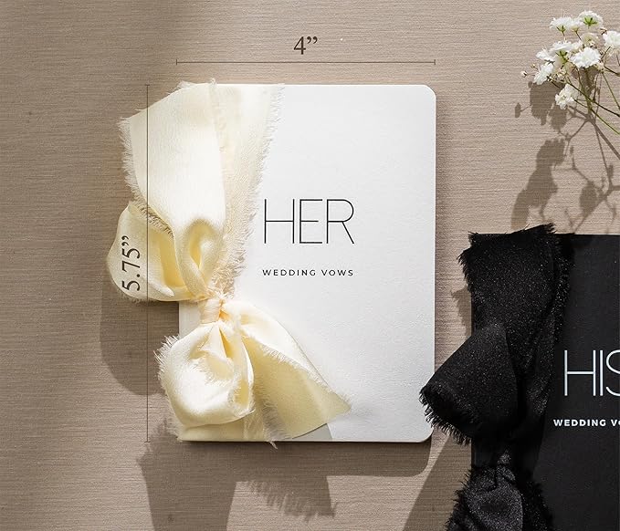 Black White His Her Slim Vow Books w/Ribbon (Set of 2) - 5.625 x 4" Minimalist Pocket Sized Modern Wedding Ceremony Vow Renewal Speech Notebook Journal