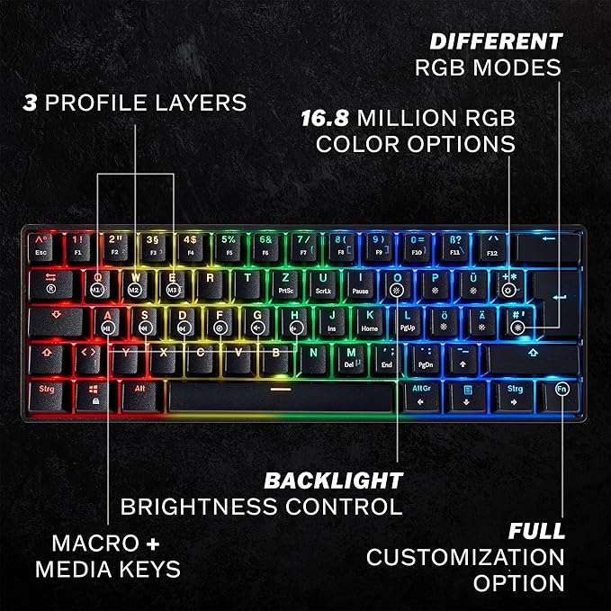 HK GAMING GK61 Mechanical Gaming Keyboard - 61 Keys Multi Color RGB Illuminated LED Backlit Wired Programmable for PC/Mac Gamer (Gateron Optical Black, Black)