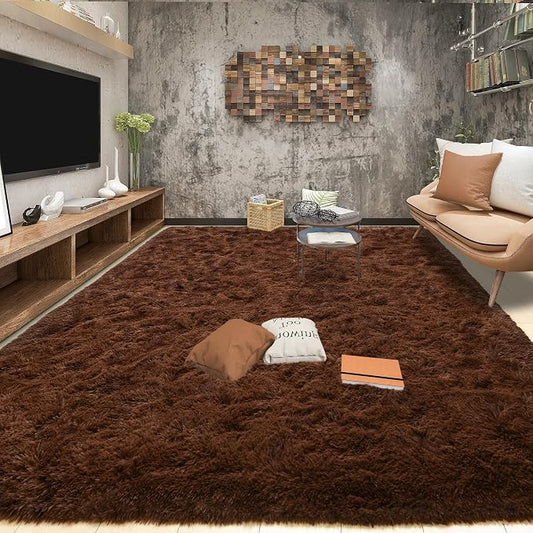 Tepook 6x9 Brown Area Rugs for Living Room Bedroom, Soft Fluffy Plush Shaggy Girls Boys Kids Room Rug, Shag Upgrade Non-Slip Throw Carpet for Dorms Nursery Classroom Home Decor