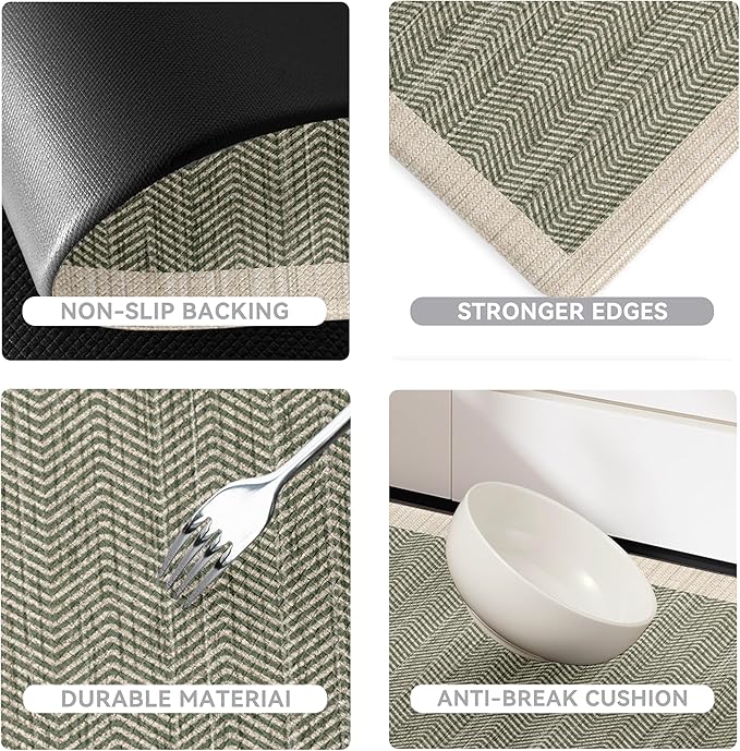 Sage Green Vintage Boho Elegance Kitchen Rug Sets [3 PCs], Anti-Fatigue, Waterproof Non-Slip Kitchen Mats Heavy Duty Comfort Foam Rug for Kitchen, Floor, Laundry,17" Wx29/47/59" L