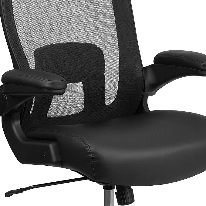 Flash Furniture Big & Tall Swivel Office and Gaming Chair with LeatherSoft Seat, Mesh Office Chair with Flip-Up Armrests and Adjustable Height, Black | Ergonomic, Adjustable Lumbar, Mesh Back, 500 LBS. Weight Capacity, LeatherSoft Upholstery, Flip-Up P...