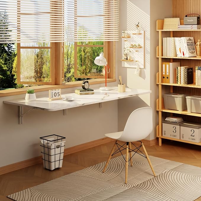 IAE Wall Mounted Floating Foldable Desk, 48" x 22" Folding Computer Workstation Table with Engineered Wood and Metal Shelf Brackets,Fold&Floating Design for Home Office, Apartment,Laundry Room,White