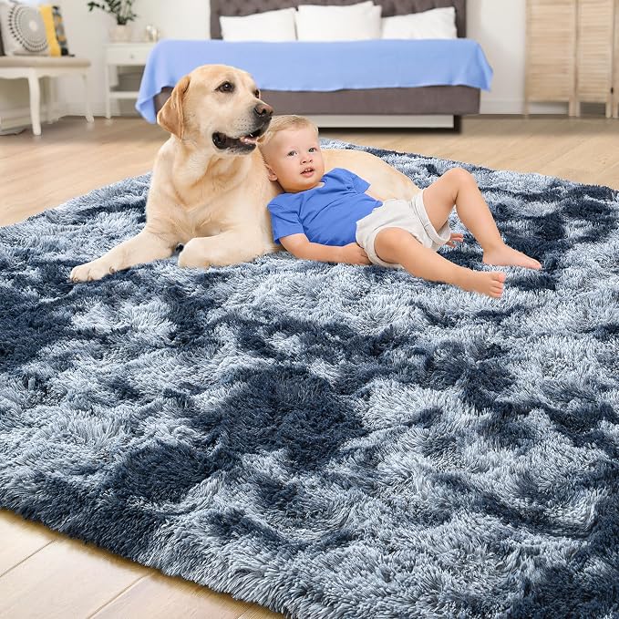 Tepook Soft Fluffy Rugs for Living Room, 5x8 Shaggy Area Rug for Bedroom, Modern Shag Rug Fuzzy Carpets for Kids, Plush Indoor Nursery Home Decor Rug with Non-Slip Bottom, Tie-dye Dark Blue