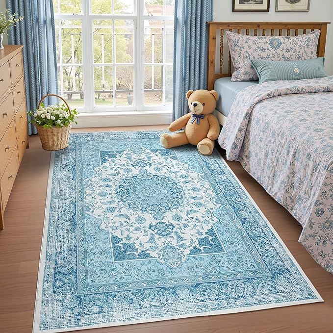 Macgace 4x6 Area Rug for Bedroom, Machine Washable Rugs with Non-Slip Backing for Living Room, Soft Vintage Carpet Kitchen Laundry Kids Room Decor, Celestial Blue