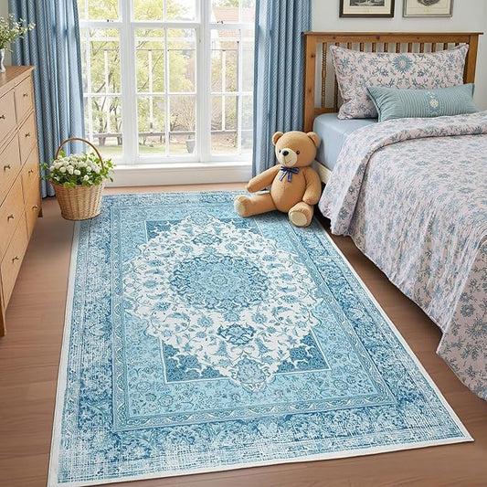 Macgace 4x6 Area Rug for Bedroom, Machine Washable Rugs with Non-Slip Backing for Living Room, Soft Vintage Carpet Kitchen Laundry Kids Room Decor, Celestial Blue