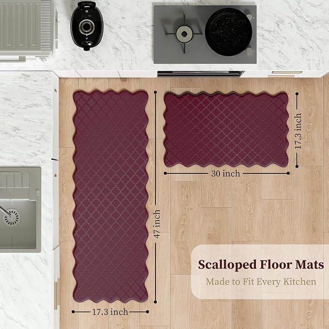 Arenarug Upgrade Scalloped Embossed Kitchen Mats for Floor 2PCS Cushioned Anti Fatigue Waterproof Foam Kitchen Rugs Non Slip Washable Comfort Standing Mat for Sink Laundry, 17.3"x30"+17.3"x59", Red