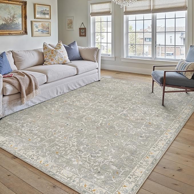HUGEAR Area Rug 5x7 Retro Grey Machine Washable Living Room Rugs Distressed Vintage Floral Vacuumable Low Pile Carpet Bedroom Office Dining Room Laundry Room Non Slip Soft Lightweight