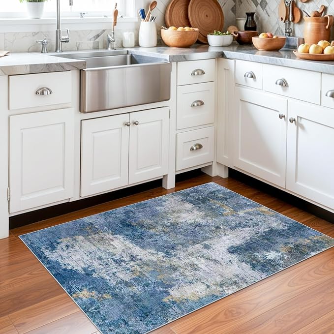 Washable 2x3 Entryway Area Rug: Modern Soft Ultra Thin Door Mat with Non-Slip Backing Stain Resistant Carpet for Bedroom Low Pile Floor Rugs for Kitchen Bathroom Easy Clean Rug for Family 2X3 BlueW