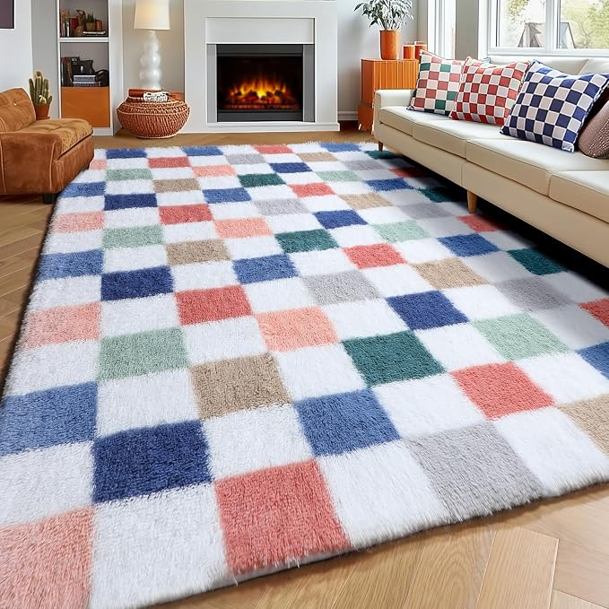 KICMOR Rugs for Living Room, 5x7 Fluffy Soft Colorful Checkered Shag Area Rug Fuzzy Shaggy Bedroom Carpet, Cute Indoor Plush Rainbow Rug for Teen Kids Boys Girls Dorm Nursery Home Decor Aesthetic