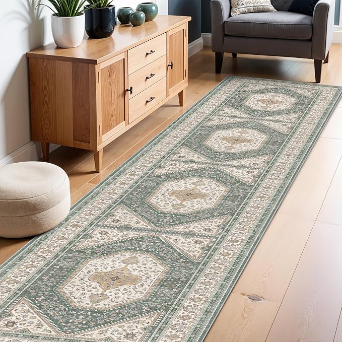 3x12 Runner Rug for Hallway Washable: Non Slip Kitchen Rugs with Rubber Backing Soft Waterproof Mats Stain Resistant Indoor Vintage Carpet Runner for Bedroom Bathroom Laundry Entryway Green/Beige