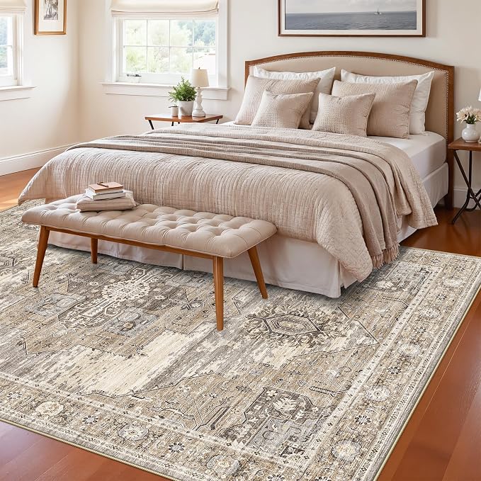 RUUGME 6x8 Washable Oriental Area Rug - Living Room Rugs with Non Slip Backing Soft Stain Resistant Carpet for Bedroom Kitchen Ultra Thin Low Pile Home Decor Floor Mat for Bathroom Nursery 6x8 Beige