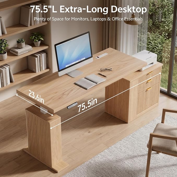 75.5'' Electric Standing Desk with Drawers, Farmhouse Height Adjustable Corner Desk, Sit Stand Office Desk with 4 AC Outlets & Type C Port, Executive Computer Desk, Natural