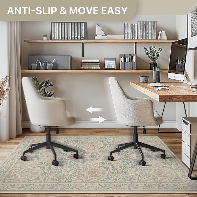 36"x60" Office Chair Mat for Hardwood Tile Floor, Under Desk Carpet Protector for Rolling Computer Chair Mat, Machine Washable Area Rug, Anti-Slip 1/5" Thick Low Pile Thin Vinyl Floor Mat, Beige Pink