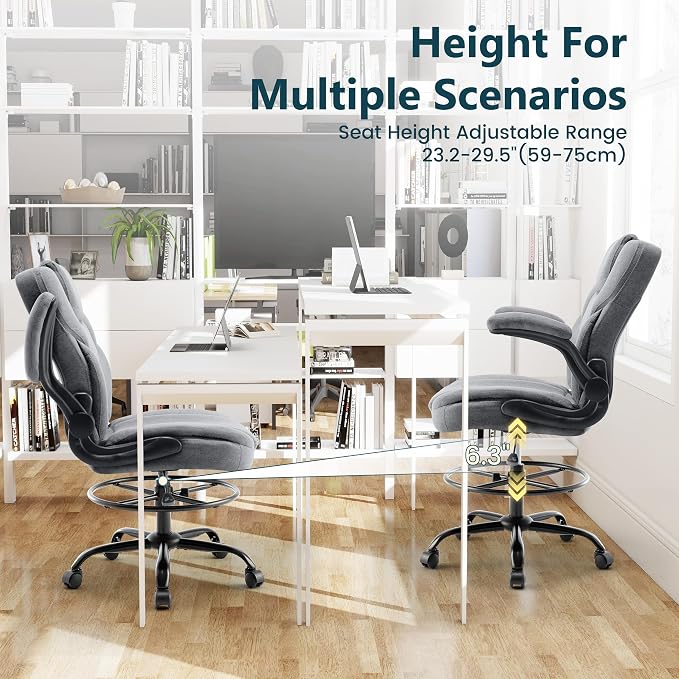 Drafting Chair 500Lbs, Tall Office Chair for Standing Desk, Fabric Executive Office Chair with Flip-up Armrests, Ergonomic High Chair with Adjustable Foot Ring, Comfy Stool Chairs, Grey