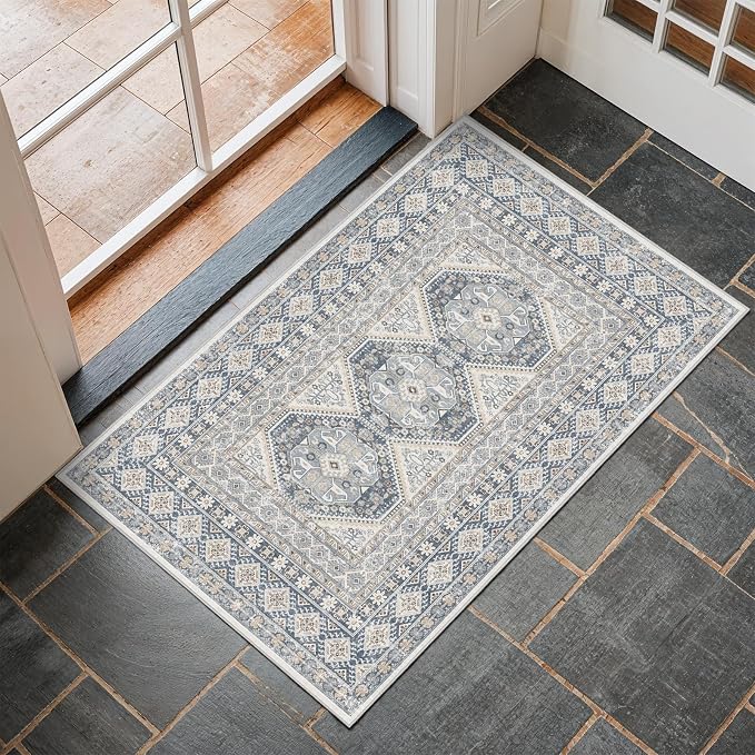 Washable Area Rug Non Slip - 2x3 Small Kitchen Boho Rug Vintage Entryway Low Pile Carpet for Doormat Blue (Blue, 2x3)
