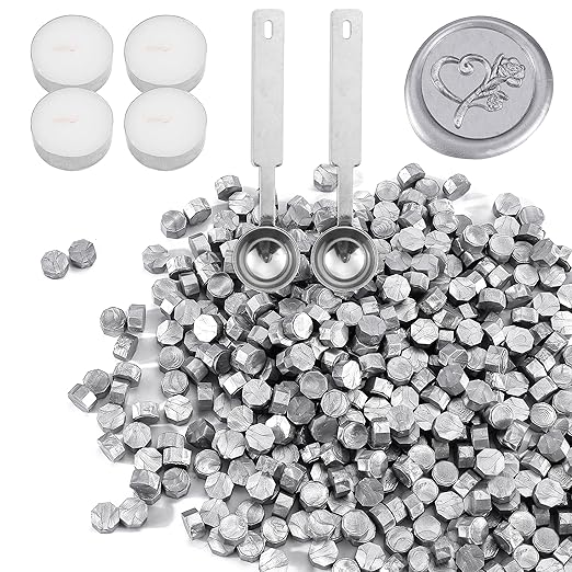 Yoption 360 Pcs Silver Octagon Sealing Wax Beads for Wax Seal Stamp with 4 Candles and 1pcs Melting Spoon