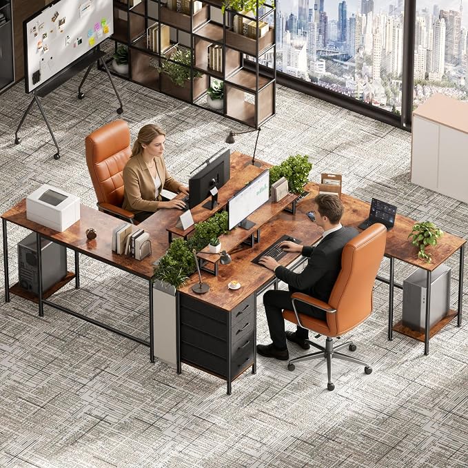 Korfile 66 inch L Shaped Computer Desk with Power Outlets, Rustic Brown | Ideal for Home Office, Bedroom, Corner, 4 Adjustable Storage Drawers, 2 Monitor Stands, Reversible, Two Person Gaming Table