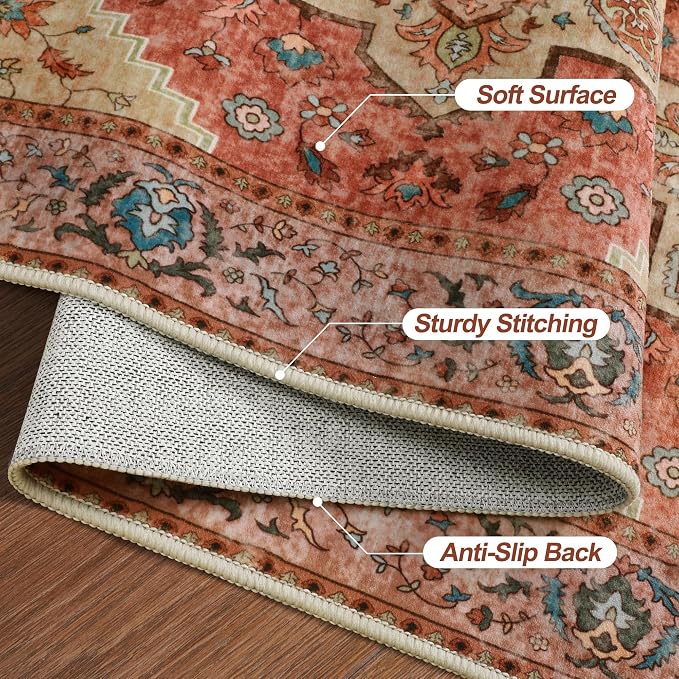 Tangsoo 3x5 Rug, Washable Vintage Rugs Indoor Area Rug, Non Slip Accent Rug, Print Distressed Carpet, Soft Low Pile Rug for Living Room Dorm Bedroom Bedside Entryway Bathroom Terracotta/Multi