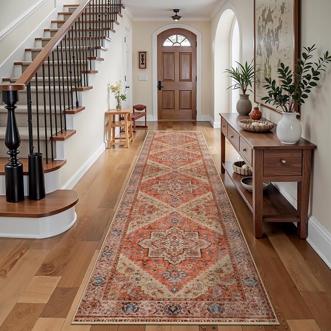 Tangsoo 2.6x8 Washable Runner Rug for Hallways, Non Slip Vintage Runner Rug, Soft Low Pile Long Rug Runner, Print Distressed Carpet Runners for Kitchen Bedroom Entryway Bathroom Living Room