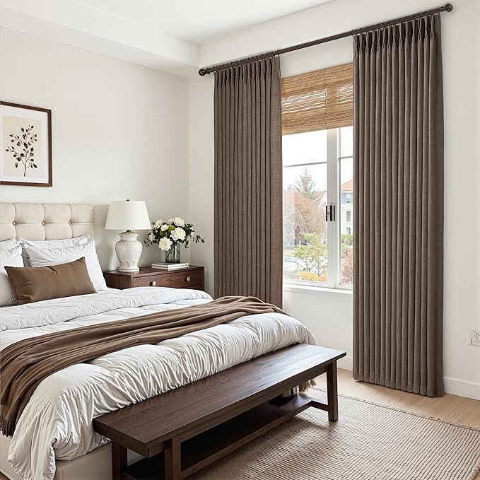 Double Layer Thick Linen Blackout 105 Inch Tall Curtains for Dining Room, Dark Flax Memory Shape Pinch Pleat Thermal Floor to Ceiling Curtain Brown Sound Dampening Neutral Windows Drapes 2 Panels Set