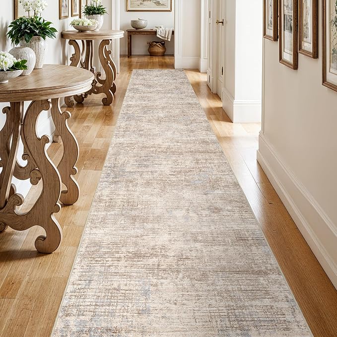 3x20 Hallway Washable Runner Rug - Non-Slip Kitchen Rugs with Rubber Backing Abstract Low-Pile Carpet Runners for Laundry Room Home Decor Bedroom Bathroom Entryway (Ivory Beige Distressed,3x20)
