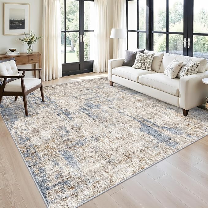 8x8 Square Area Rug Living Room – Non-Slip Washable Large Floor Carpet for Bedroom Dining Room Playroom Room – Modern Abstract Neutral Thin Low-Pile Big Indoor Rug (Blue Brown)