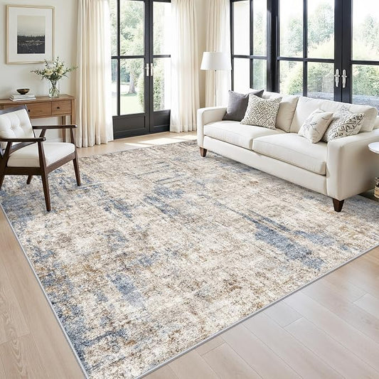 8x8 Square Area Rug Living Room – Non-Slip Washable Large Floor Carpet for Bedroom Dining Room Playroom Room – Modern Abstract Neutral Thin Low-Pile Big Indoor Rug (Blue Brown)