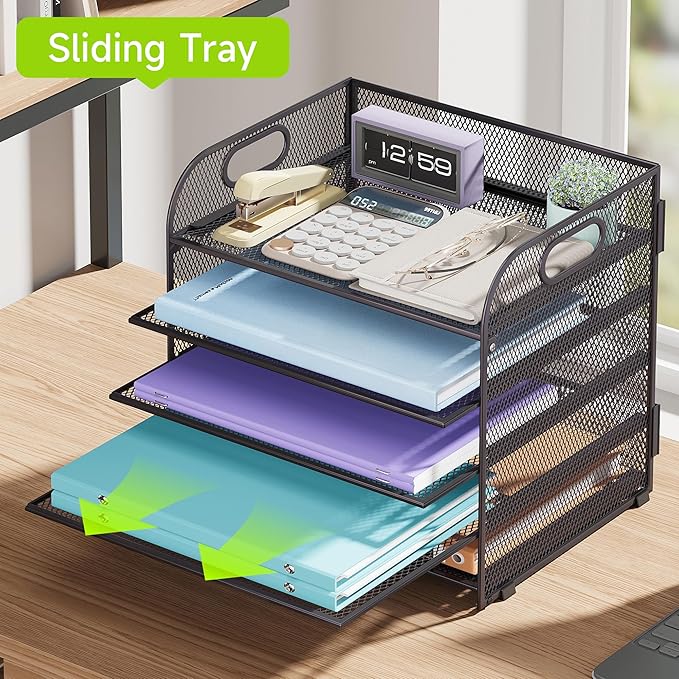 Cawukege 5 Tier Paper Organizer with Handle, Grey Metal Mesh Desk Organizer File Folder Paper Letter Tray Desktop Document Sorter for Classroom, School, Office Accessories Organization and Storage