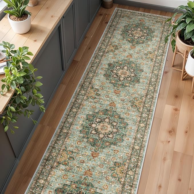 Washable Oriental Hallway Runner Rug - 3x14 Rugs for Living Room Soft Carpet for Bedroom Kitchen Waterproof Floral Distressed Indoor Stain Resistant Non-Shedding Floor Carpets (Green, 3X14)