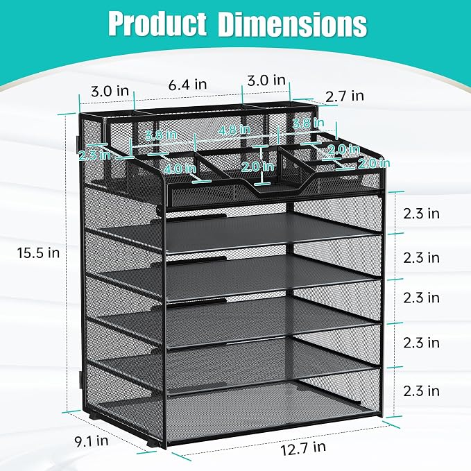 6 Tier Mesh Paper Desk Organizer with Pen Holders, Black | Features 3 pen holders, and 5 adjustable compartments for office school home desk storage