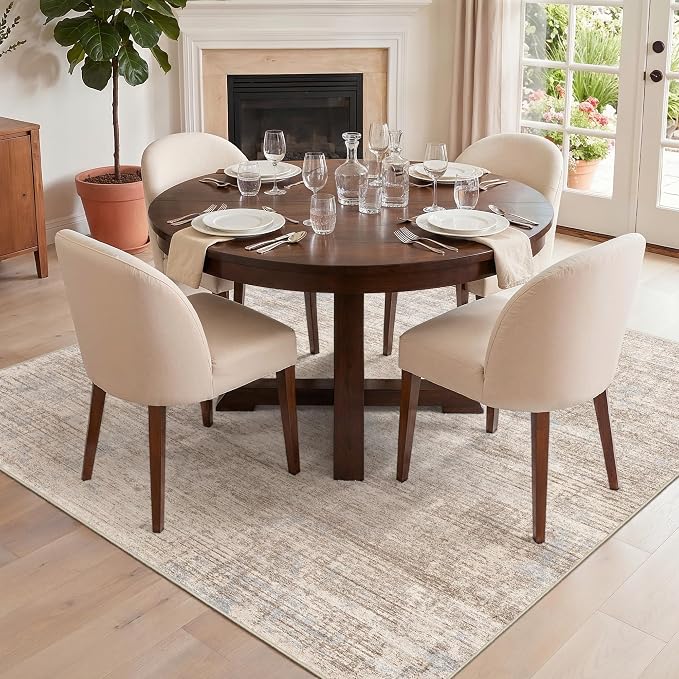 Washable Abstract 5x5 Square Rug: Low Pile Throw Rugs with Non Slip Rubber Backing Stain Resistant Carpet Soft Rugs for Entryway Living Room Bedroom (Ivory Beige Distressed,5x5 Square)