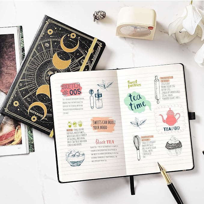 Artfan Ruled Notebook/Journal – Premium Thick Paper Classic Writing Notebook with Pocket + Page Dividers Gifts, Banded, Large, 128 Pages, Hard Cover, Lined (5.3" x 8.26") - Sun and Moon