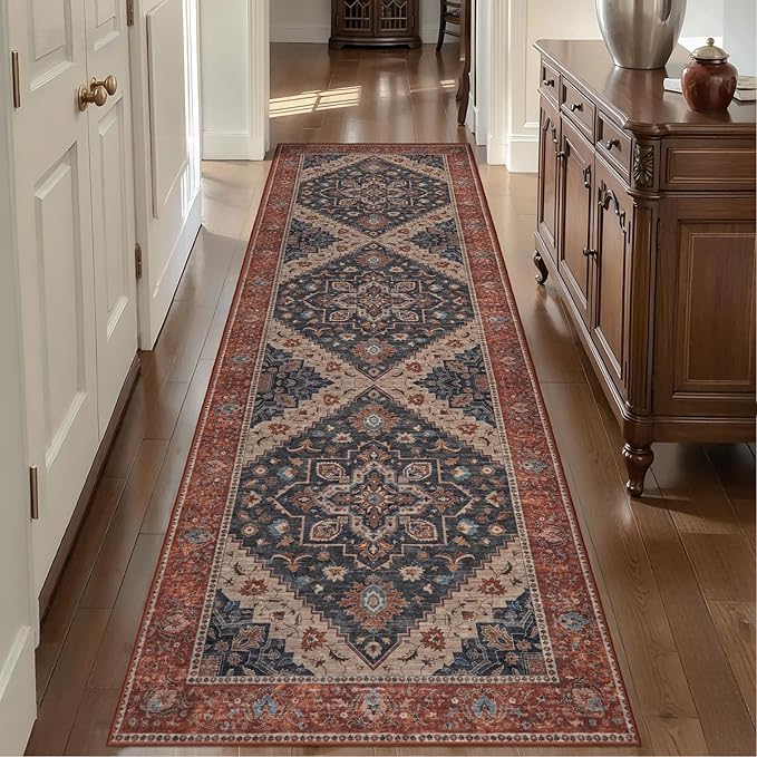 Tangsoo 2.6x10ft Hallway Runner Washable Runner Rug for Hallways, Non Slip Vintage Soft Low Pile Long Rug Runner, Oriental Carpet Runners for Kitchen Bedroom Entryway Living Room Dark Blue/Orange