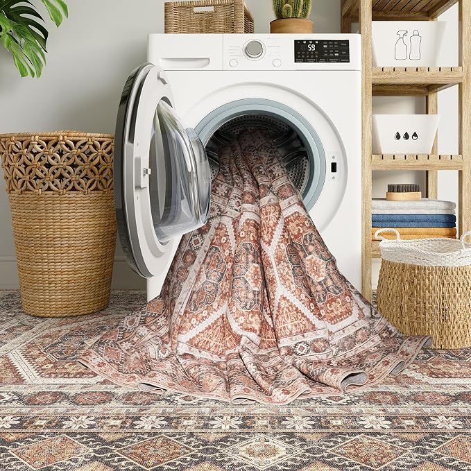 3x10 Runner Rug Kitchen Washable: Oriental Indoor Hallway Runners with Non Slip Backing Floor Mat for Entryway Door Low Pile Thin Carpet for Bedroom Bathroom Living Room Bedside Brick