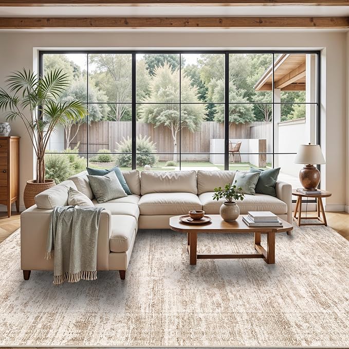 Living Room Area Rugs 9x12: Abstract Washable Rug for Dining Room Non-Slip Low Pile Carpet for Bedroom Ultra Thin Soft Stain Resistant Indoor Floor Mat for Household Women Aged 35-45 9x12 Beige Brown